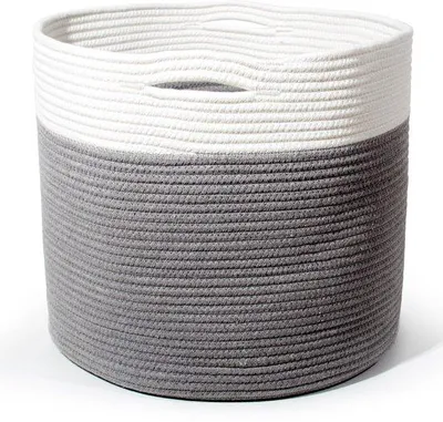 Produktbild von Katoenen Wäschekorb mit Handgriffen, geflochtener Aufbewahrungskorb, Wäschekorb, Deckenklappe, Spielzeug, Kuscheltiere, Kleidung (grau)