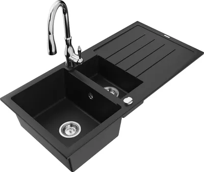 Produktbild von Mexen Andres Granitspüle 1,5-Becken mit Abtropffläche und Küchenarmatur Savita, schwarz - 6515-77-672601-00