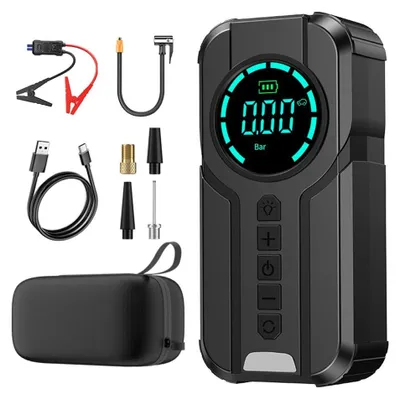 Obrázek produktu pro Přenosný 2v1 startér do auta s kompresorem na pneumatiky – powerbanka 10 000 mAh – 12 V – špičkový proud >1 200 A – nouzové LED osvětlení – rychlé nabíjení – 4 články – černá