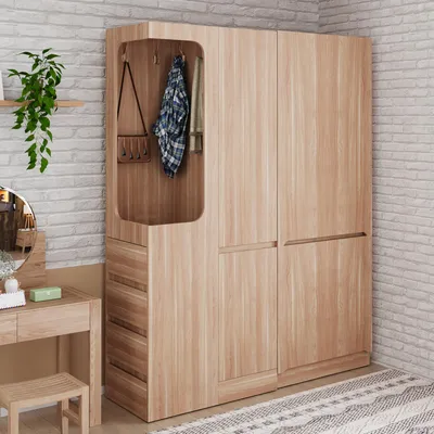 Image de OKWISH Armoire - Armoire Ouverte avec Tiroirs et Étagères, Garde‑Robe Bois Naturel pour Vêtements et Accessoires, 140x40x170 cm, Naturel