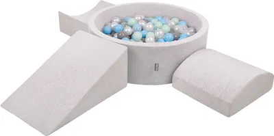 Produktbild von KiddyMoon spielplatz aus schaumstoff mit rund bällebad (300 bälle) ballgruben für babys spielbad hindernisläufen, hergestellt in der eu, hellgrau:perle/grau/transparent/babyblue/minze