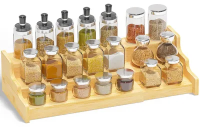 Produktbild von Ausziehbares, stehendes Gewürzregal mit 3 Ebenen, Gewürzorganizer für Küchen und Schränke (natürlich)