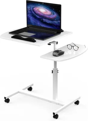 A white mobile laptop table with a laptop, mouse, and glasses on it, set against a white background.