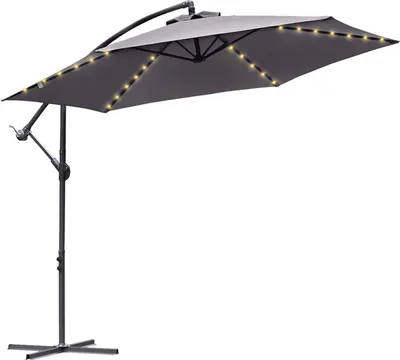 Image de Jiubiaz Parapluie 300cm éclairage LED & manivelle - protection UV hydrofuge pliable - Parasol de marché - Gris