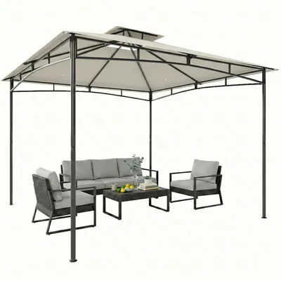Produktbild von Pavillon 3x3m Wasserabweisend Stabil Winterfest Gartenpavillon mit zurückziehbar Obenrahmen Doppeldach Cremeweiß