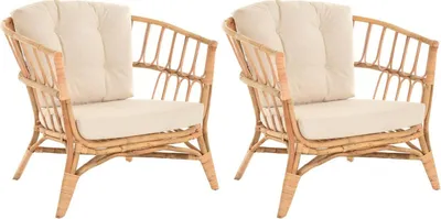 Produktbild von KRINES HOME 2er Set Korbsessel mediterran Lounge Rattansessel Natur Rattan Korbstuhl mit Armlehnen Wintergarten (Riviera)