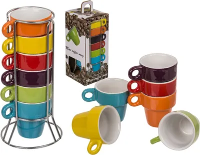 Produktbild von Espressotassen Set in Chromeständer Moccatassen stapelbar 50 ml 6 teiliges Set bunt gemischt