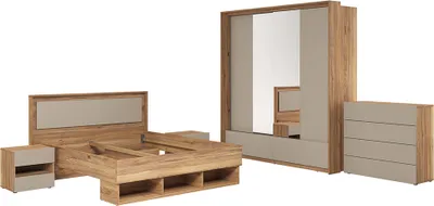 Produktbild von Schlafzimmer Set 5-teilig mit Bett 160x200 cm in Eiche mit beige ISPARTA-83