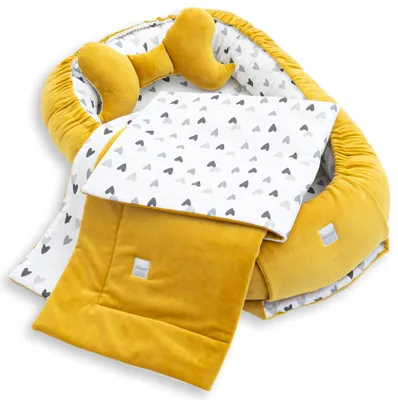 BABYNEST + DECKE + Kissen GELB Samt Velour/ Herzchen Grau Baumwolle Nestchen