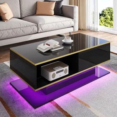 Obrázek produktu pro Moderní konferenční stolek – bílý s lesklým povrchem a LED osvětlením – 127 x 64 cm – s zásuvkami