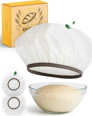 A product shot featuring baking accessories, including a dough cover, two smaller covers, and a bowl of dough, with packaging in the background.