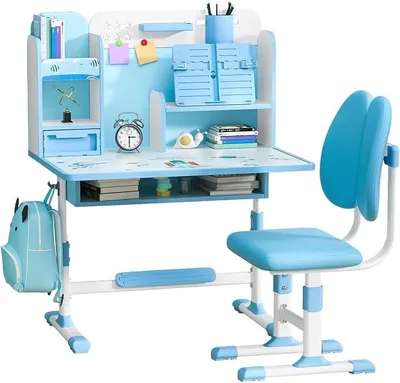 Imagen del producto de Escritorio y silla para niños, con altura ajustable. Escritorio infantil con cajones y estantería. Escritorio ergonómico para niños, de diseño curvo. Escritorio para estudiar (azul - modelo C)