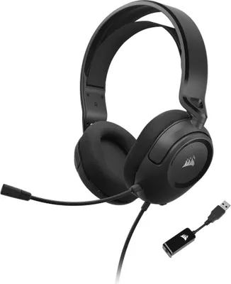A black gaming headset with a microphone and a USB adapter is shown against a white background.