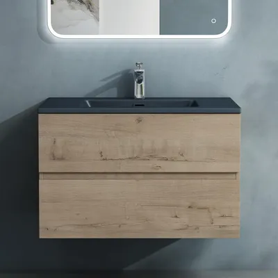 Image de doporro Meuble de Salle de Bain Suspendu Chêne Clair 80x48x50cm Ensemble de 2 Pièces Meuble avec Lavabo Gris Noir Mat Solid Surface Design Aqualis