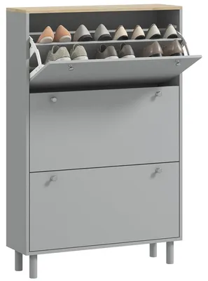 Image de Armoire à chaussures - Pour 24 paires de chaussures - 3 compartiments rabattables - Étagères réglables - 80 x 23,5 x 121 cm - Bois et plastique - Gris