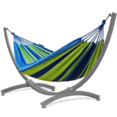 Produktbild von Potenza Outdoor Hängematte mit Verzinkter Tytan Gestell für 2 Personen I Baumwolle Doppelhängematte XXL 220x160, 200kg I Grau Hängemattengestell 350 kg, wetterfest