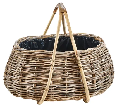 Produktbild von Kobolo Pflanzkorb Korb TILIA mit Henkel aus Rattan in kubu grey mit Folieneinsatz | Blumenkorb
