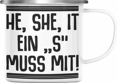 Produktbild von Trendation - Englischlehrer Emaille Tasse Geschenk He She It Englischlehrerin Geschenkidee Spruch Grundschule (Silber)