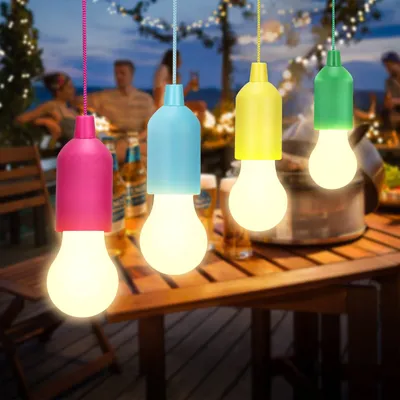 Produktbild von 4 Stück LED Glühbirnen, led ziehleuchte Zugschalter mit Batterie glühbirne Zeltlampe Tragbare Camping Laterne für Wandern, Zelt, Garten, BBQ,