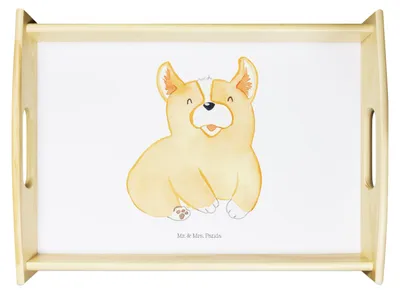 Produktbild von Mr. & Mrs. Panda Tablett Corgie - Weiß - Geschenk, Servier, Deko, Serviertablett, Sprüche, Hund, Spruch, Bellen, Süß, aus holz, sofatablett