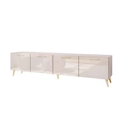 Produktbild von TV-Schrank AURA 200 KASCHMIR Hochglanz auf schrägen goldenen Beinen mit LED-Beleuchtung