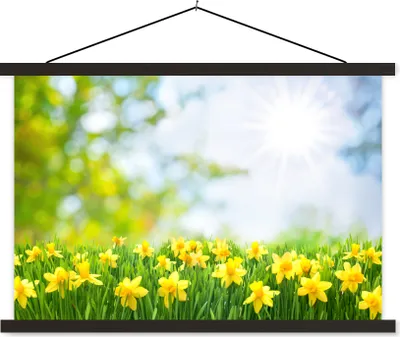 Produktbild von MuchoWow® Textilposter Blumen - Frühling - Gelb 60x40 cm mit schwarzem Rahmen - Hölzernes
