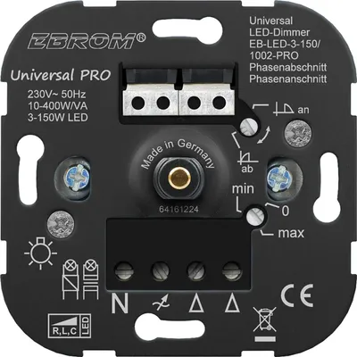 Produktbild von EBROM® Unterputz UNIVERSAL LED Dimmer Drehdimmer Phasenabschnitt + Phasenanschnitt LED 3-150 Watt, dimmbare Halogen etc 10-400 W/VA, der AllesDimmer, passt zu Busch Jäger, Gira, Jung