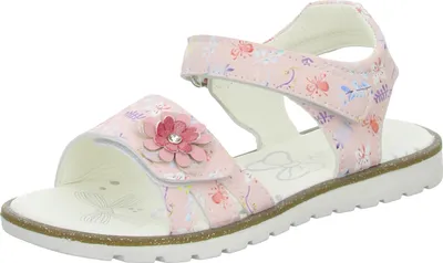 Produktbild von Rosa Sandalette aus glattem Kunstleder mit Klettverschluss und strapazierfähiger Kunstlederdecksohle ohne Absatz