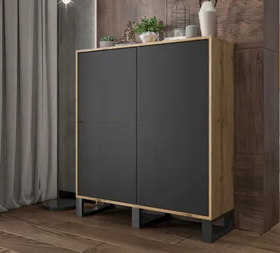 Produktbild von Loft Kommode TV Apollo 4D TV-Sideboard Modern Lindner Möbel Drei Metallfüße 113 cm x 35 cm x 127 cm Farbe: Wotan Eiche matt - Schwarz matt