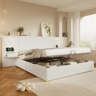 Produktbild von Flieks Hydraulisches Polsterbett 180x200cm mit Usb, Stauraumbett Doppelbett mit Led und Nachttischen, Jugendbett mit Stauraum, Samt, Beige