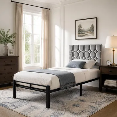 Produktbild von Einzelbettgestell 90 x 200 cm Metallbett mit gepolstertem Kopfteil Bettrahmen Stahl Stauraum unter dem Bett Plattformbett geräuschlos Grau