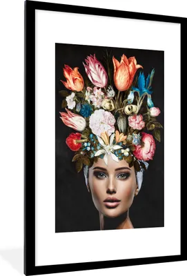 Produktbild von MuchoWow® MuchoWow® Gerahmtes Poster Frau - Bunt - Blumen 60x90 cm - Poster mit zchwarzem Bilderrahmen - Dekoration - Wandposter Wohnzimmer - Hochwertig