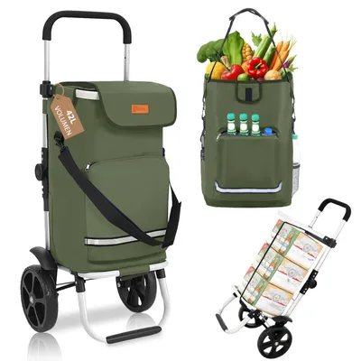 Produktbild von Sekey 3in1 Einkaufstrolley Klappbar Einkaufswagen mit Kühlfach, Spanngurt und höhenverstellbarem Griff, Grün
