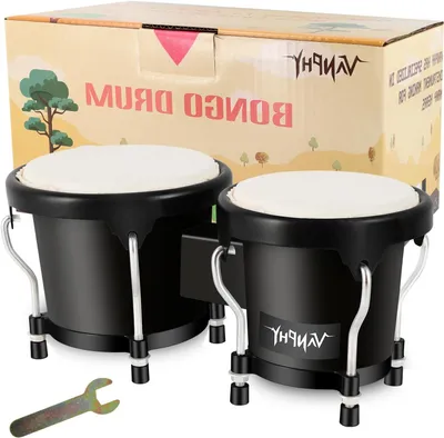 Productafbeelding van Bongo Trommel Set - Percussie Instrument - Muziek Maken - Natuurlijke Huid - 4" en 5" - Zwart