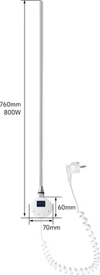 A diagram of an electric towel rail with dimensions and power rating indicated.