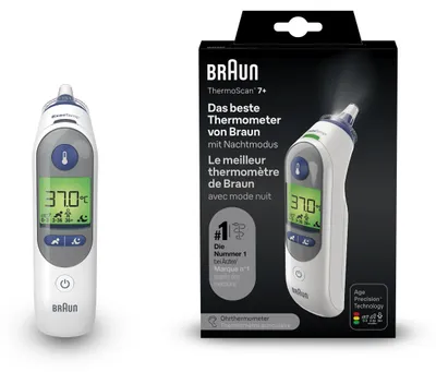 Produktbild von Fieberthermometer ThermoScan 7+ (weiß/blau, Infrarot-Ohrthermometer)
