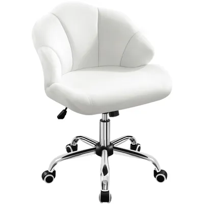 A white office chair with a shell-shaped back and chrome base with wheels, isolated on a white background.