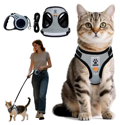 Produktbild von Katzengeschirr mit Leine, Ausbruchsicher, 5 m Automatisch Einziehbar, Katzen Geschirr Set mit Leine (M)