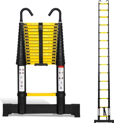 Produktbild von Faziango Aluminium Teleskopleiter 4,4M schwarz, Leiter Ausziehbar mit Stabilisator und Abnehmbaren Haken, Klappleiter, Mehrzweckleiter, Stehleiter, Haushaltsleiter, Außenleiter, 150 kg Belastbarkeit