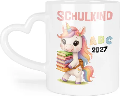 Produktbild von Schulkind 2027 Tasse Herzhenkel Einhorn – Geschenkidee Einschulung, Kinder-Tasse mit Herzgriff für Mädchen Erstklässler