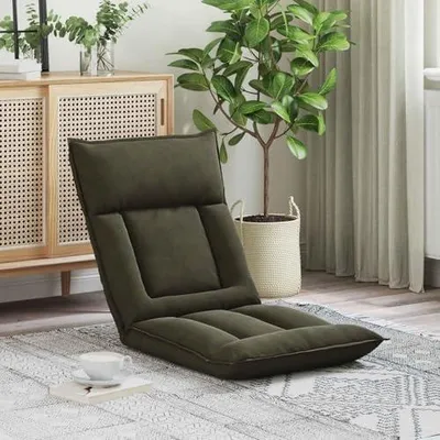 Produktbild von Verstellbarer Fußsessel aus olivgrünem Stoff mit gepolsterter Rückenlehne, klappbar und ergonomisch, als Tatami-Meditationsstuhl, Gamingstuhl oder Lesesessel für Wohnzimmer und Schlafzimmer