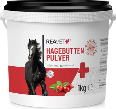 A white bucket of REAVET Premium Hagebuttenpulver with an image of a black horse and rosehips on the front.