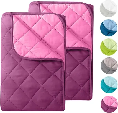 A collage showing two quilted blankets and swatches of different colored blankets.