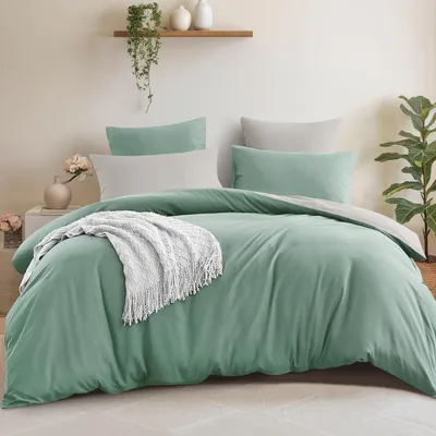 Produktbild von Bettwäsche-Set Wendebettbezug mit 2 Kissenbezügen 240x260 cm Grün/Beige