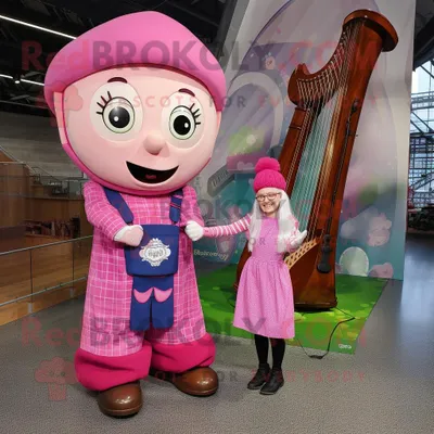 Productafbeelding van Roze Keltische harp mascotte REDBROKOLY kostuum karakter gekleed met een tuinbroek en horloges