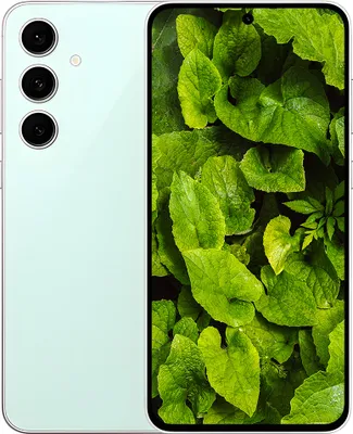 A smartphone with a mint green back and a screen displaying a close-up of green leaves.