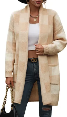 Produktbild von ASKSA Damen Cardigan Karierter Farbblockstrick Strickpullover Elegante Strickjacke Oberbekleidung, Aprikose, S