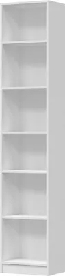 A white, empty, tall, narrow bookshelf with six shelves.