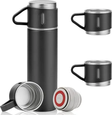 Produktbild von Famanu Thermosflasche Geschenkset - 500 ml, Edelstahl, 3 Trinkbecher, schwarz