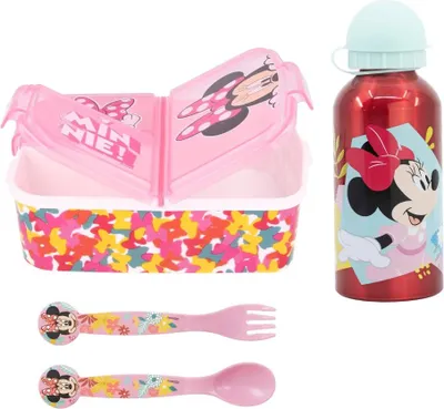 Produktbild von Disney Minnie Maus 4 teiliges Lunch Set Brotdose Alu-Trinkflasche - Löffel Gabel
